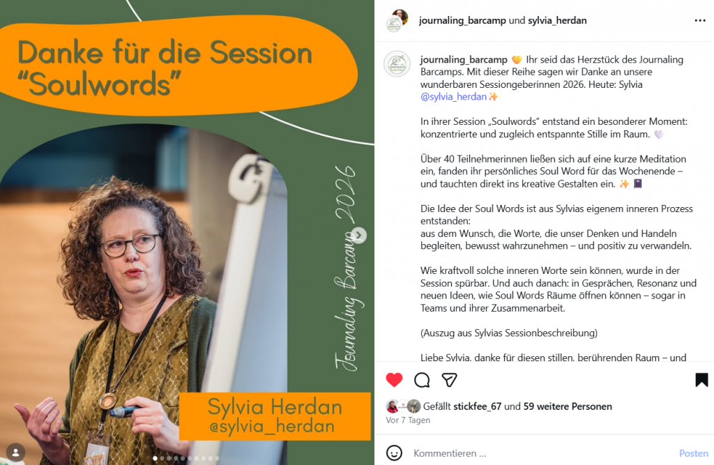 Ein Bild des Instagram Posts vom journaling_barcamp zu Sylvia Herdans Soul Words Workshop auf dem Journaling Barcamp 2026 in Hamburg