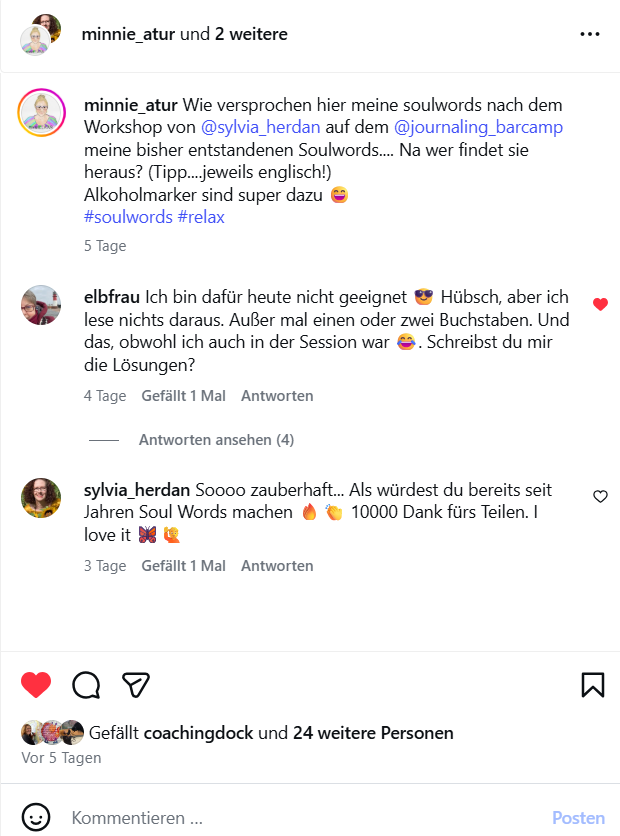 Ein Bild des Instagram Posts von minnie_atur, die nach Sylvia Herdans Soul Words Workshop auf dem Journaling Barcamp 2026 in Hamburg zwei ihrer Soul Words postet