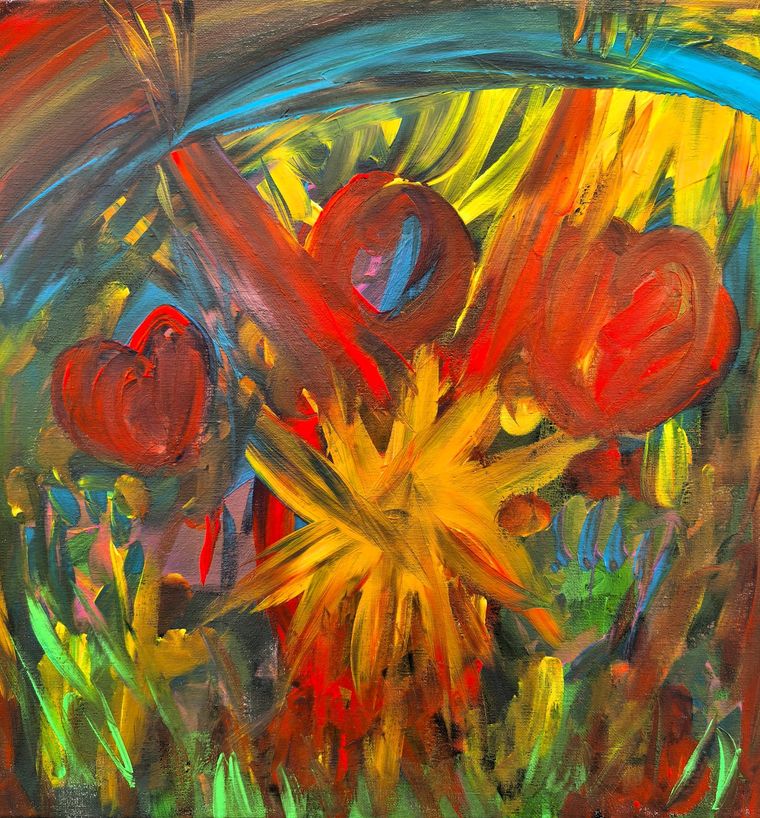Fertiges Bild – abstrakte Blüten in Rot und Gelb