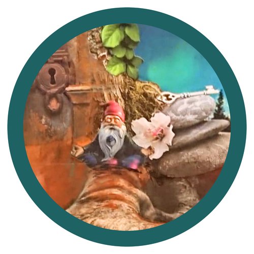 Collage mit meditierendem Gartenzwerg, Schlüssel und Blüte – Bildsprache aus einem Team-Workshop