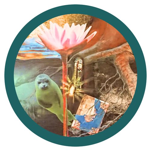 Collage mit Seerose, Robbe und Kirchenfenster – Bildsprache aus einem Team-Workshop